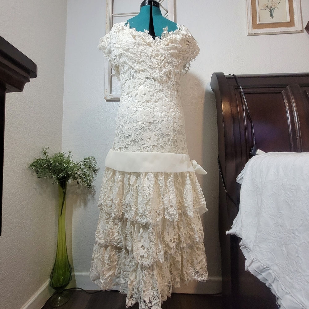 Vintage Alfred Angelo Dress Boho Cottagecore Victorian Flapper Sequin Lace Sz 8